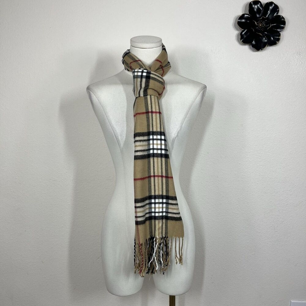 Plaid Cashmere Scarf Womens One Size Beige Fringe Rectangle Germany Cozy Winter - Picture 4 of 8